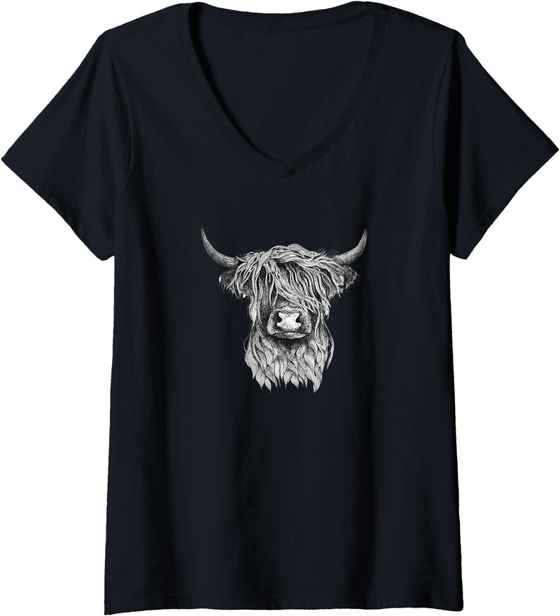 Highland Cow Wildlife T-Shirts Womens Highland Cow - Hand Drawn Illustration T-Shirt V-Neck T-Shirt - Black