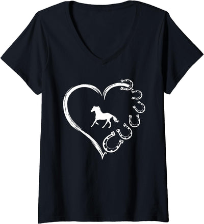 Funny Horseshoe Heart Shirt Cute Horse Mom Gift Women's Cute Horse Love Horseshoe Heart Funny Horse Mom Women Girls V-Neck T-Shirt