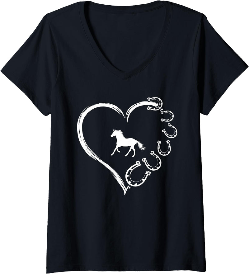 Funny Horseshoe Heart Shirt Cute Horse Mom Gift Women's Cute Horse Love Horseshoe Heart Funny Horse Mom Women Girls V-Neck T-Shirt - Black