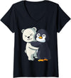 Penguin and Polar Bear Hug Antarctica Animals Womens Cute Polar Bear and Penguin Arctic Animal Lover Hugging V-Neck T-Shirt - Black