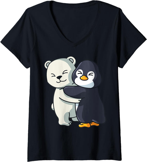 Penguin and Polar Bear Hug Antarctica Animals Womens Cute Polar Bear and Penguin Arctic Animal Lover Hugging V-Neck T-Shirt - Black