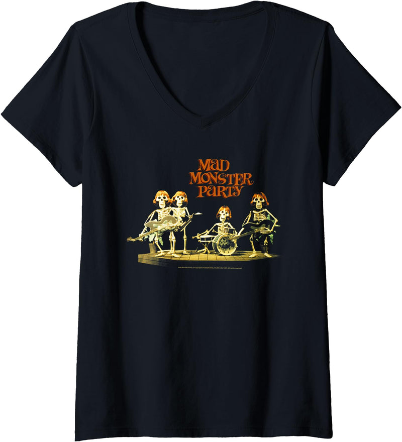 Mad Monster Party Women's Little Committee Skeleton Rock Band Halloween Movie V-Neck T-Shirt - As Pictured
