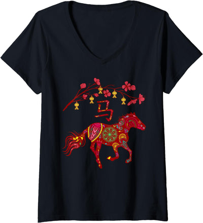 Year of Horse Chinese Zodiac Design Women's 2026 Year of Horse Chinese Zodiac Cherry Blossoms V-Neck T-Shirt