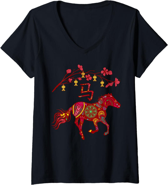 Year of Horse Chinese Zodiac Design Women's 2026 Year of Horse Chinese Zodiac Cherry Blossoms V-Neck T-Shirt - Black