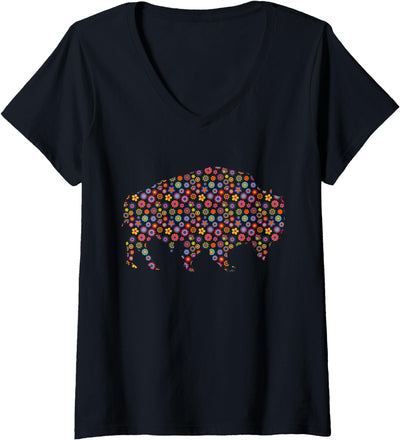 Womens Floral Bison Flower Pattern American Buffalo V-Neck T-Shirt