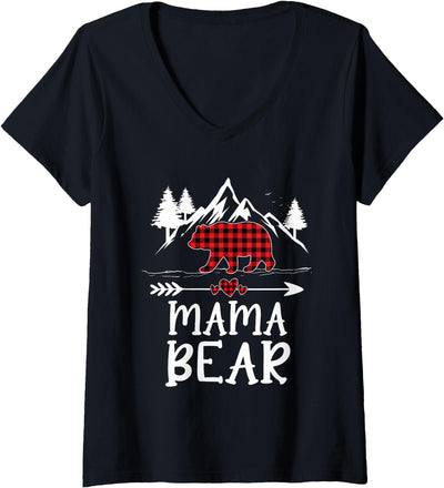 Mama Bear Christmas Pajama Red Plaid Buffalo Matching V-Neck T-Shirt