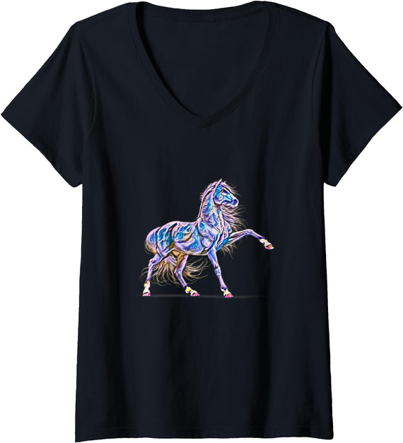 Horses | Girls Women Gift Kids Men Boys Womens Horse Motif V-Neck T-Shirt - Black