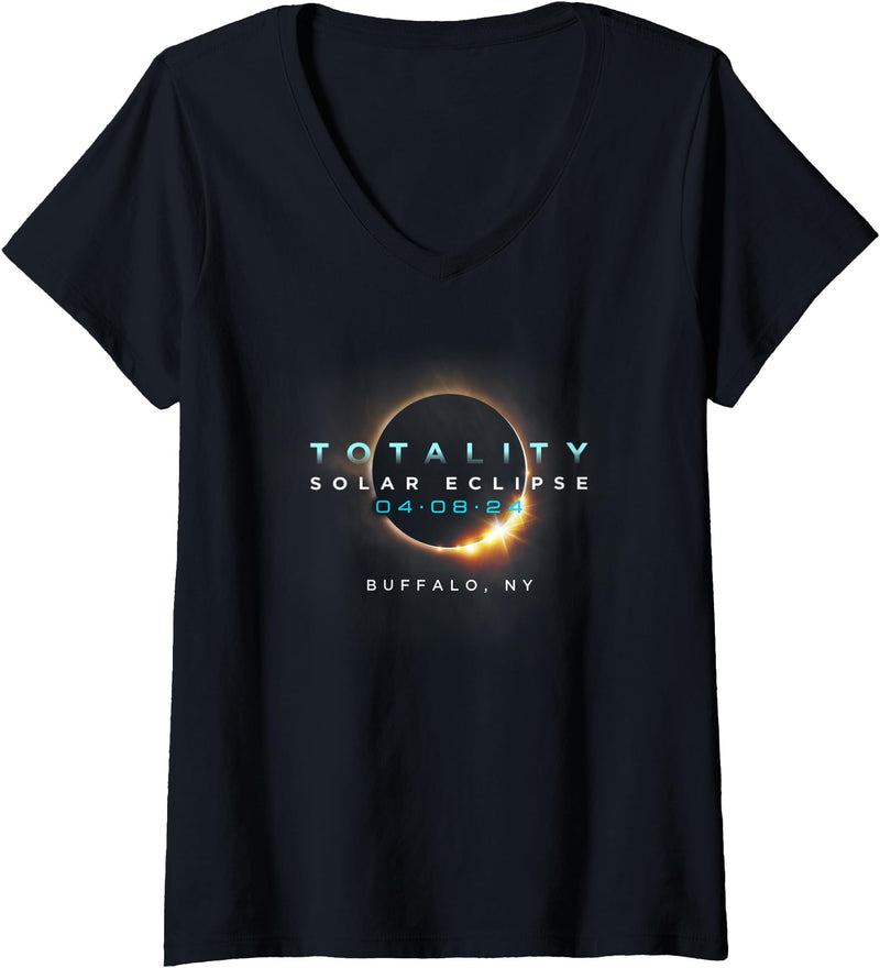 Totality 2024 Solar Eclipse Apparel Womens Official Solar Eclipse 2024 Buffalo, NY Totality 04-08-24 V-Neck T-Shirt - As