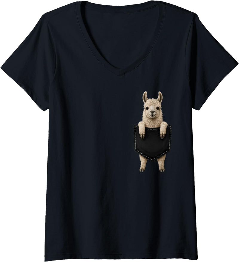 Funny Llama in Pocket Women's Llama Lover Cute Pocket V-Neck T-Shirt - Black