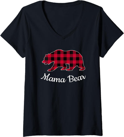 Papa Mama Bear Womens Pajama Red Buffalo Plaid V-Neck T-Shirt