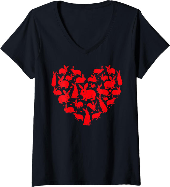 Womens Bunny Rabbit Lover Funny Heart Love Rabbit V-Neck T-Shirt in Black