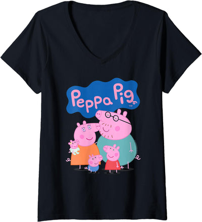 Womens Peppa Pig 20th Anniversary Whole Family Portrait V-Neck T-Shirt