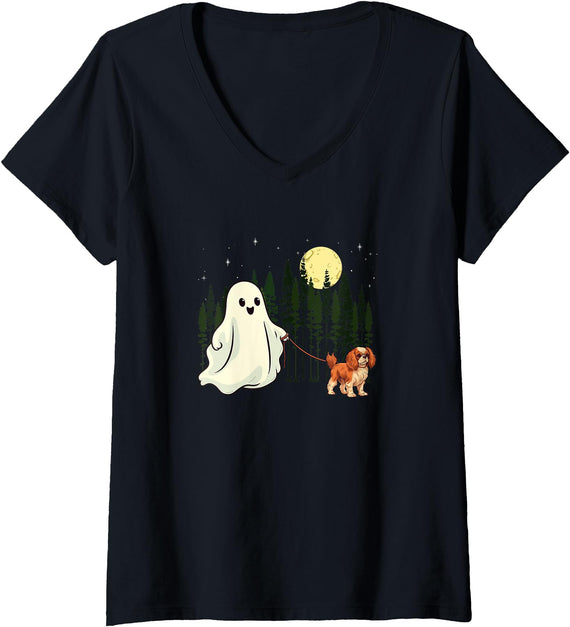 Cavalier King Charles Spaniel N Boo Womens Cavalier King Charles Spaniel Walking Ghost Halloween Funny V-Neck T-Shirt - Black