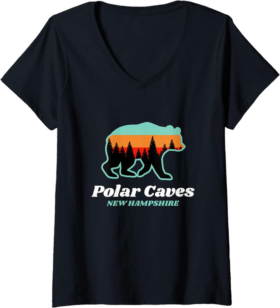 Retro Vintage NH Camping & Hiking Souvenir Women's Polar Caves Park New Hampshire Bear Mountains Country V-Neck T-Shirt -