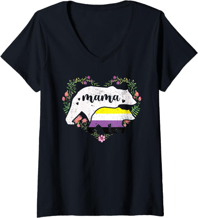 Womens LGBTQ Mama Bear Non Binary Gay Equal Rights Rainbow V-Neck T-Shirt