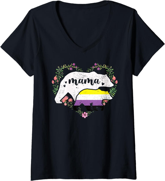 LGBT Non Binary Pride Shirt Mom Mama Bear for Moms Womens LGBTQ Mama Bear Non Binary Gay Equal Rights Rainbow V-Neck T-Shirt - Black