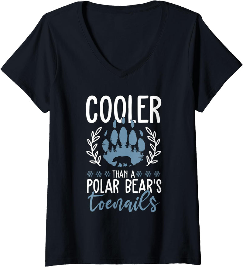 Polar Bear Apparel and Gifts Women's Funny Polar Bear Quote - Cooler Than A Polar Bear's Toenails V-Neck T-Shirt - Black