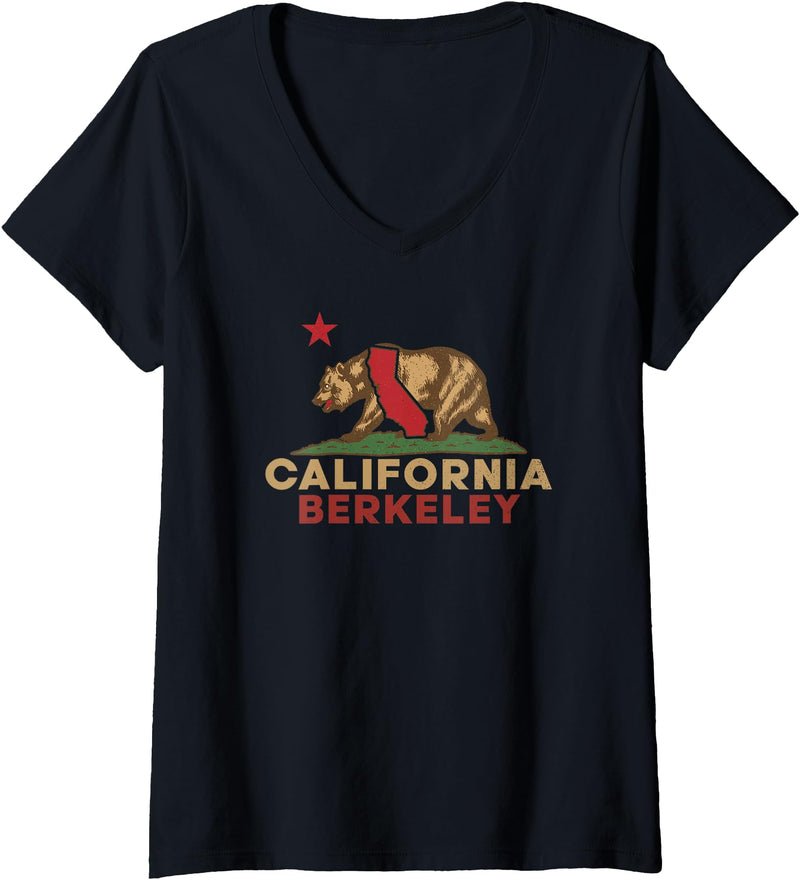 California Bear Vintage Berkeley West Coast Women's Berkeley California Vintage Bear Retro State Pride V-Neck T-Shirt - Black