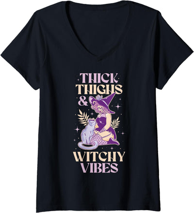 Halloween Thick Thighs And Witchy Vibes Women's Funny Thick Thighs And Witchy Vibes V-Neck T-Shirt