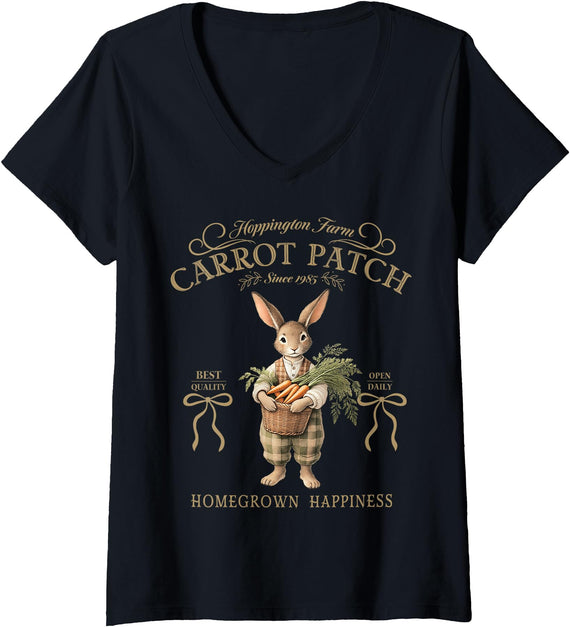 Womens Vintage Easter Rabbit Carrot Patch Bunny Farm V-Neck T-Shirt in Black