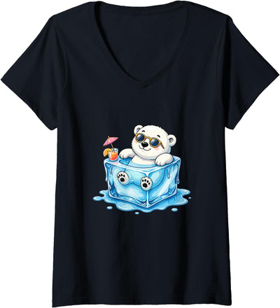 Women's Chill Polar Bear in Ice Cube Summer Mood V-Neck T-Shirt