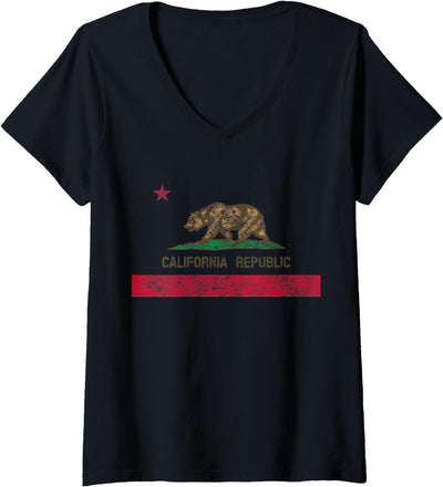 Women's Vintage 1846 California Bear Republic California Flag V-Neck T-Shirt