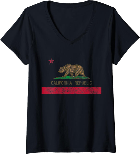 California Republic Shirts Women's Vintage 1846 California Bear Republic California Flag V-Neck T-Shirt - Black
