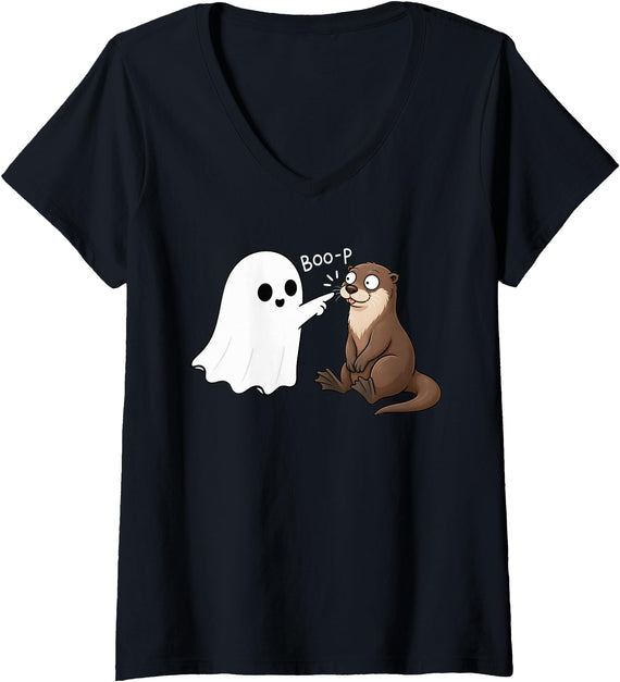 Funny Boo Spooky Sea Otter Boo-p Women's Cute Sea Otter Boop Ghost Halloween V-Neck T-Shirt - Black