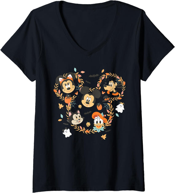 Women's Disney Halloween Mickey & Friends Cute Costumes Fall Icon V-Neck T-Shirt - Black