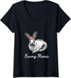 Womens English Spot Bunny Rabbit Mama Drawing V-Neck T-Shirt in Black