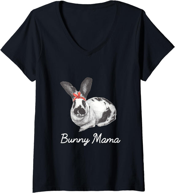 Womens English Spot Bunny Rabbit Mama Drawing V-Neck T-Shirt in Black