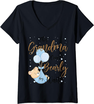 Womens Baby Bear Baby Shower Theme Grandma Bearly Wait Baby Boy V-Neck T-Shirt