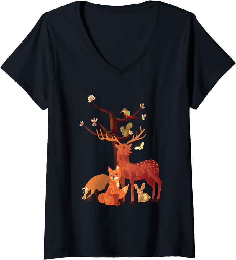 Womens Woodland Animals Deer Fox Rabbit Squirrel V-Neck T-Shirt in Black