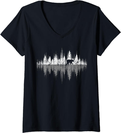 Womens Trees Reflection Wildlife Nature Animal Bear Outdoor Forest V-Neck T-Shirt