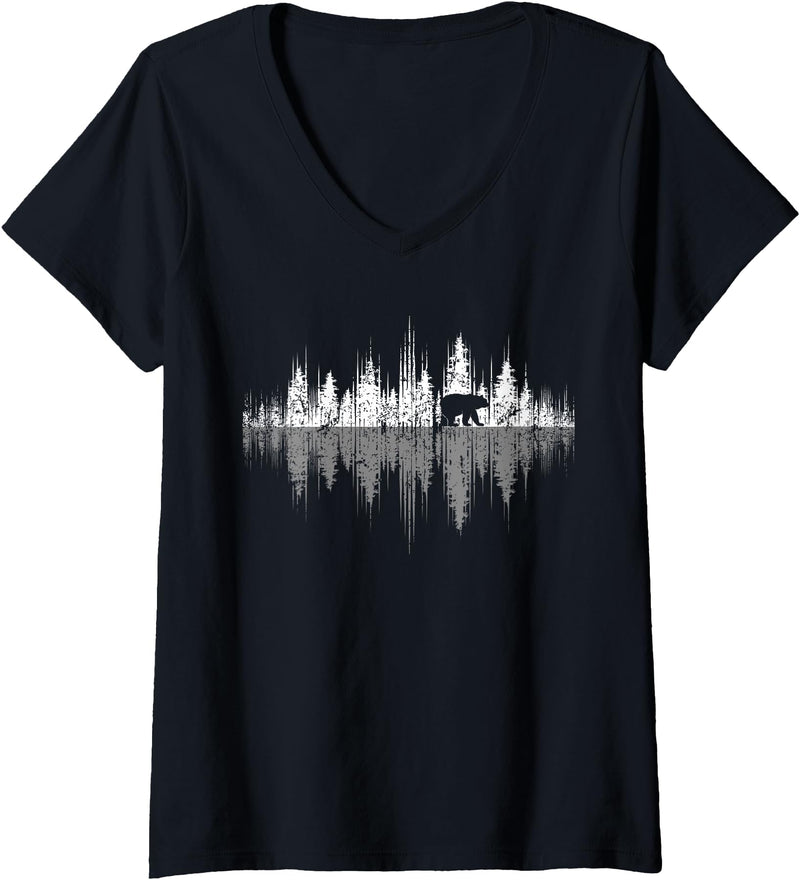 Outdoor Wild Retro Forest Gifts Womens Trees Reflection Wildlife Nature Animal Bear Outdoor Forest V-Neck T-Shirt - Black