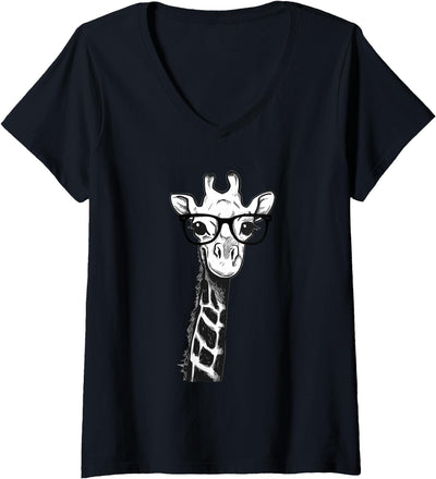 Women's Giraffe with Glasses for Zoo Animal Lovers V-Neck T-Shirt