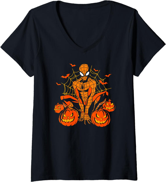 Womens Marvel Spider-Man Halloween Pumpkin Patch Spooky Logo V-Neck T-Shirt - As Pictured