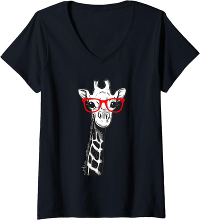 Women's Giraffe with Red Glasses for Zoo Animal Lovers V-Neck T-Shirt