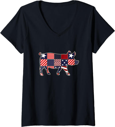 Womens Pig Lover 4th of July Patchwork American Flag Women Girls V-Neck T-Shirt
