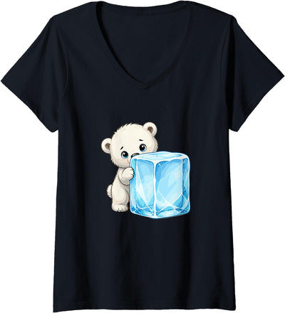 Women's Kawaii Baby Polar Bear Hugging Big Ice Cube V-Neck T-Shirt