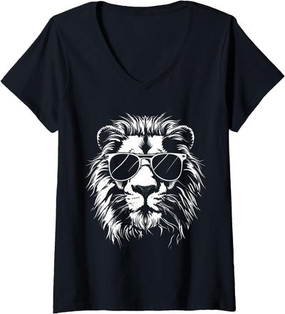 Womens Lion Sunglasses Graphic V-Neck T-Shirt