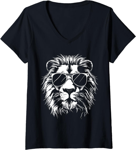 Älion. Womens Lion Sunglasses Graphic V-Neck T-Shirt - Black