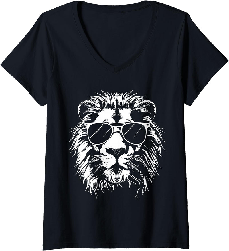 Älion. Womens Lion Sunglasses Graphic V-Neck T-Shirt - Black