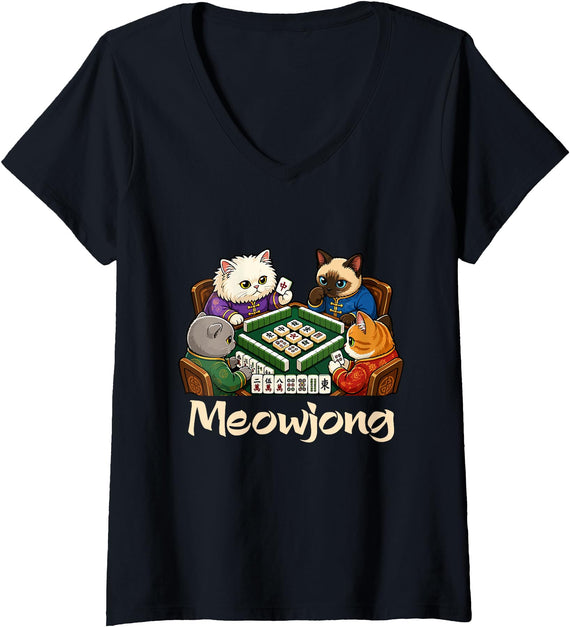 funny Mahjong apparel Women's Cat Meowjong Player Mahjong V-Neck T-Shirt - As Pictured