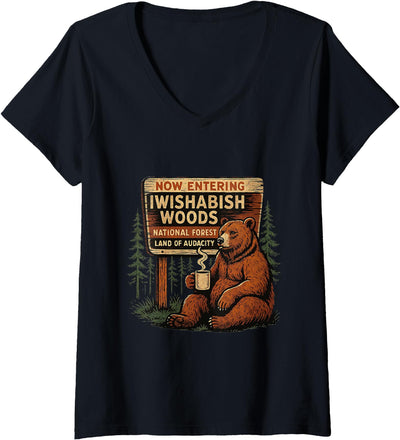 Women's I Wish A Bish Woods Funny Bear Vintage Design V-Neck T-Shirt