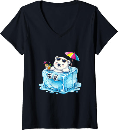 Women's Chill Polar Bear On Ice Cube Summer Vacation V-Neck T-Shirt