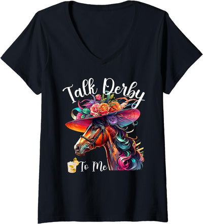 Talk Derby To Me Funny Horse Womens Talk Derby To Me Funny Racing Horse V-Neck T-Shirt