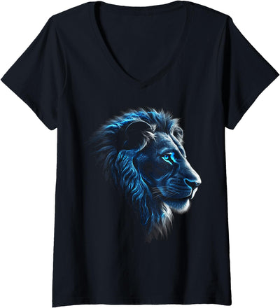 Womens Lion Artwork - Blue Eyes Zoo Animal Lion V-Neck T-Shirt