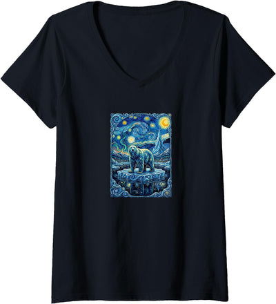 Women's Cute Polar Bear Van Gogh Style Starry Night Graphic V-Neck T-Shirt