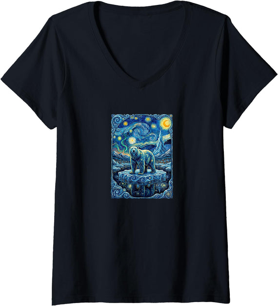 Cute Polar Bear Van Gogh Style Starry Design Women's Cute Polar Bear Van Gogh Style Starry Night Graphic V-Neck T-Shirt - Black
